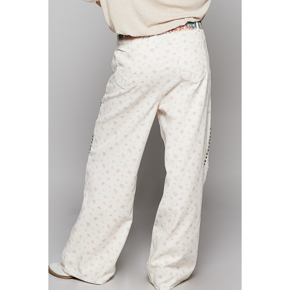 POL Cream Floral Studded Distressed Straight Leg Denim Jeans - Picture 5 of 7